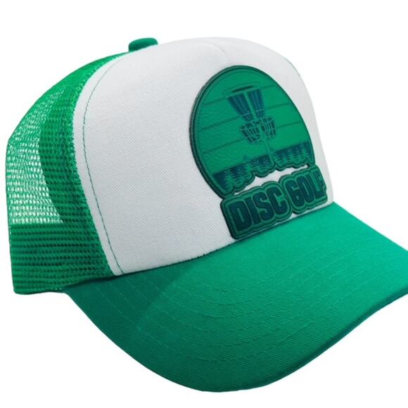 Disc Golf Leather Patch Hat Custom Trucker Hat Engraved Basket Wht/Kelly Green - Picture 6 of 8